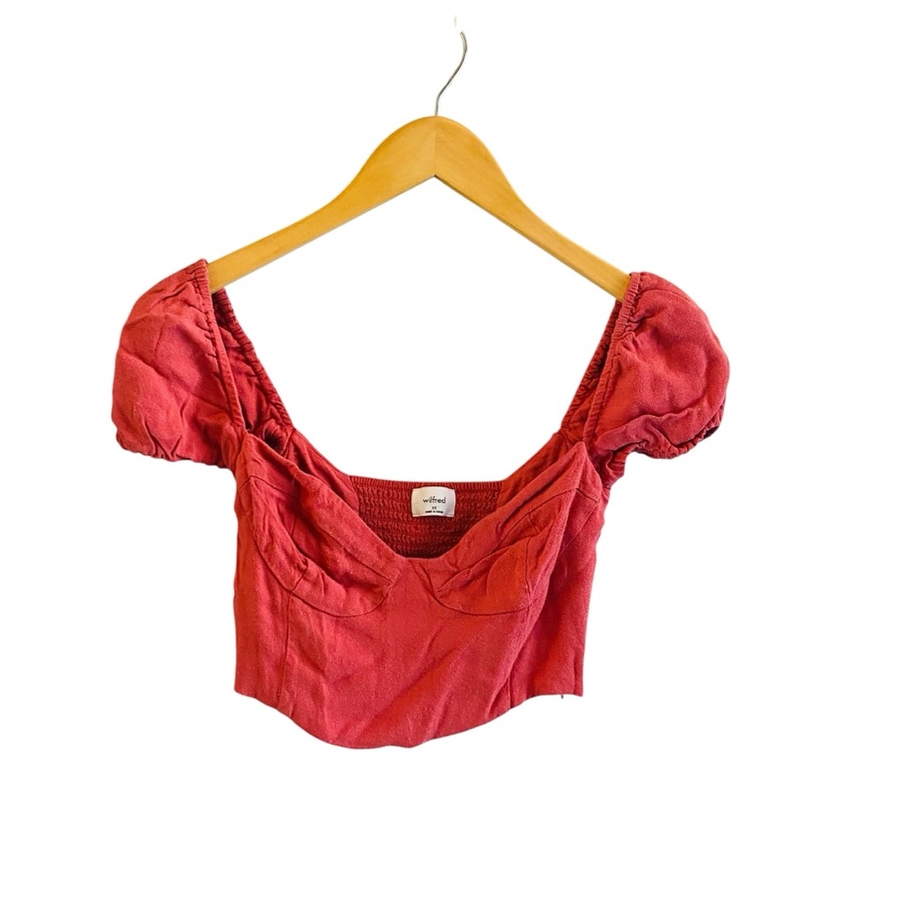 ARITZIA WILFRED Rust Red Puff Sleeve Ruched Crop Top